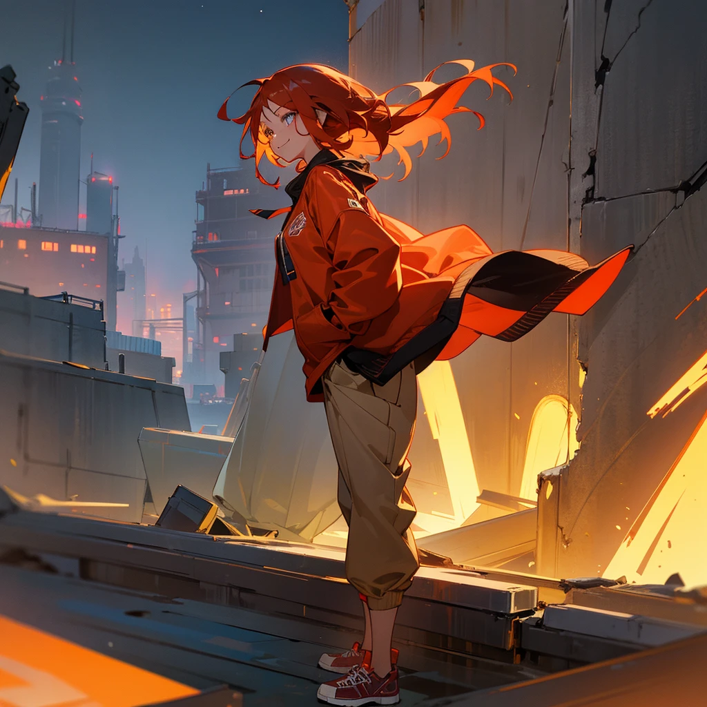 1female, young adult, tan skin, finely detailed ember eyes, straight medium hair, red hair, baggy pants, casual clothing, jacket, standing on ruined building, night time, happy expression