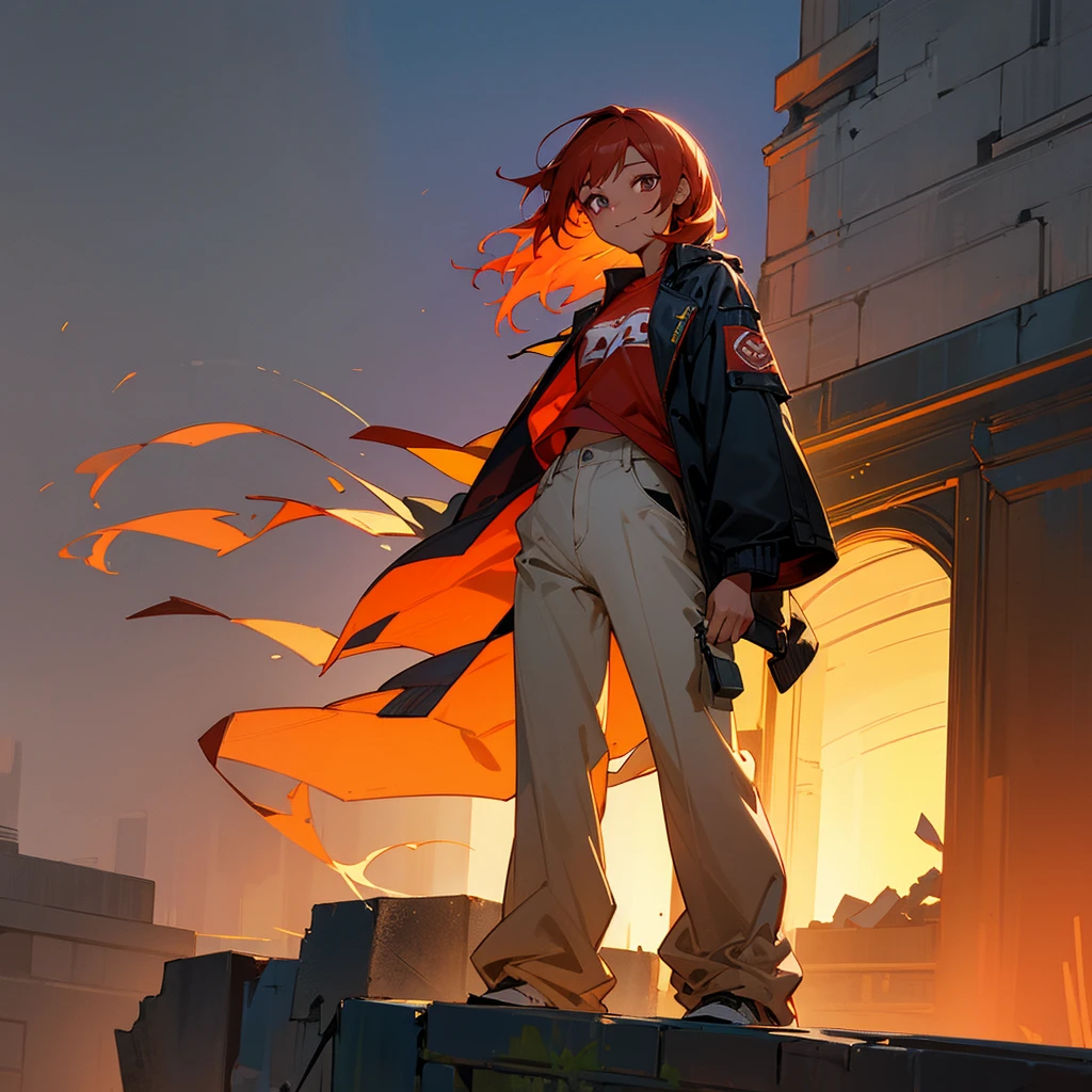 1female, young adult, tan skin, finely detailed ember eyes, straight medium hair, red hair, baggy pants, casual clothing, jacket, standing on ruined building, night time, happy expression