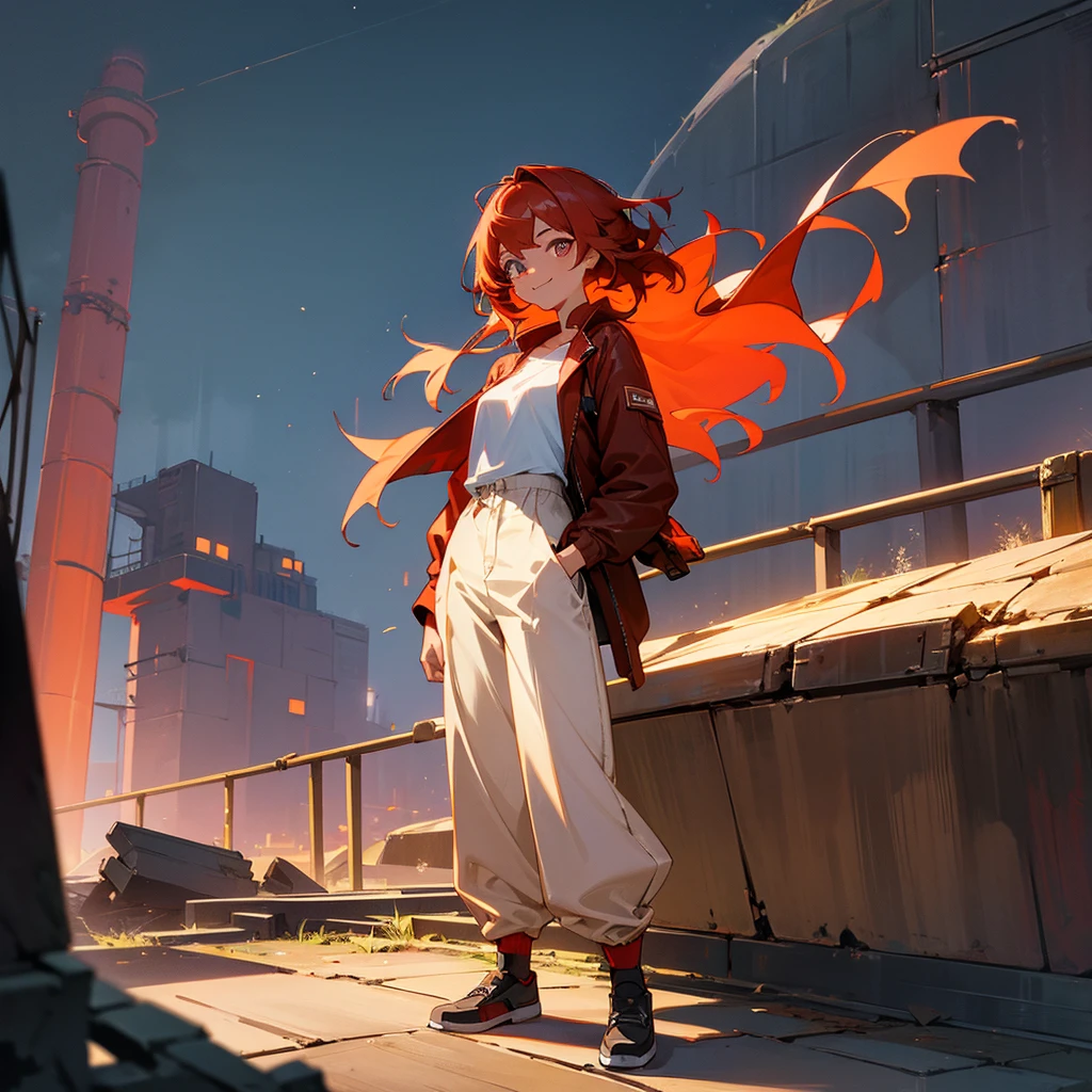 1female, young adult, tan skin, finely detailed ember eyes, straight medium hair, red hair, baggy pants, casual clothing, jacket, standing on ruined building, night time, happy expression