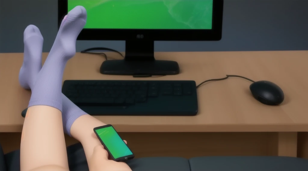 sitting in front of the computer, with cell phone on his leg, wearing only socks