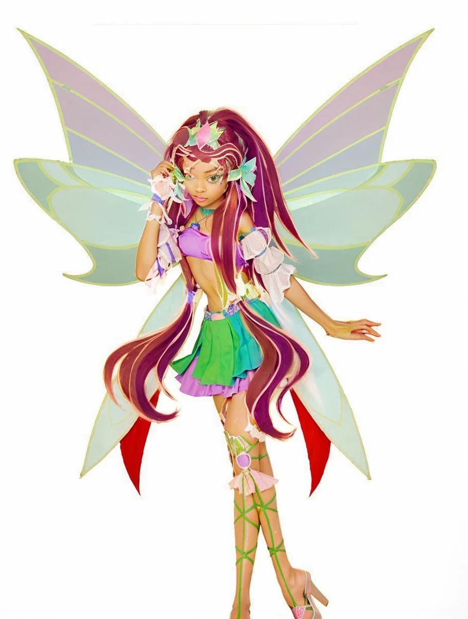 Girl, dark skin, forest green eyes, light pink makeup, reddish pink hair, green leaf-like ties tied to her bangs, blue mixed with green and pink crown on head, blue necklace, purple cropped tube top with green sea-through fabric holding it up, forest green asymmetrical skirt, sea-through light peach arm warmers