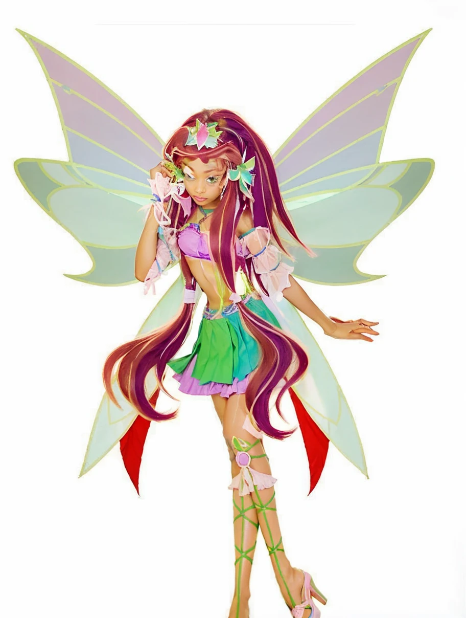 Girl, dark skin, forest green eyes, light pink makeup, reddish pink hair, green leaf-like ties tied to her bangs, blue mixed with green and pink crown on head, blue necklace, purple cropped tube top with green sea-through fabric holding it up, forest green asymmetrical skirt, sea-through light peach arm warmers