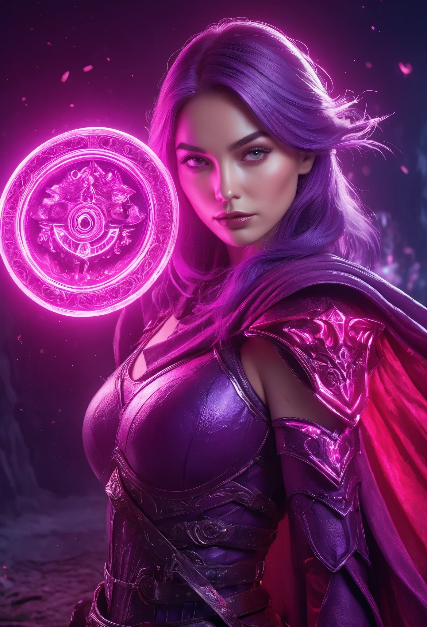 (best quality,4k,8k,highres,masterpiece:1.2),ultra-detailed,(Ultra-realistic, photorealistic,photo-realistic:1.37), Purple female Necromancer, beautiful, Blood Moon, Ray Tracing, masterpiece, highest quality, super high quality, Absurd detailed, best Light, Best Shadow, sharp, sharp image, detailed, extremely detailed, Amazing resolution, 8k, 4K, Ultra-high resolution, Particle Effects, Beautiful Effects, Vibrant colors, neon Light, neon, Light, (She is having a long sword and a beautiful shield:1.6)