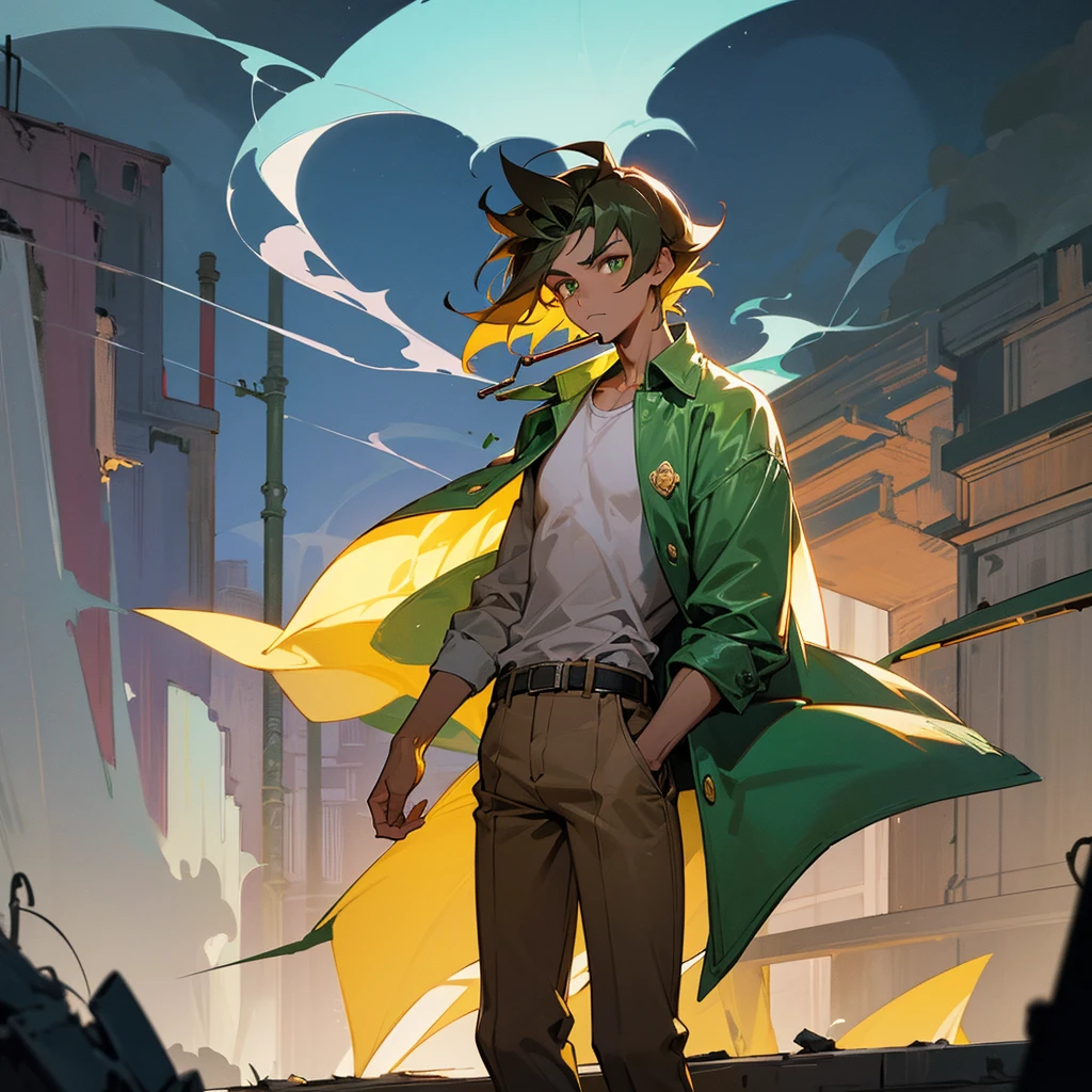 1male, adult, tan skin, finely detailed emerald eyes, straight medium hair, cobolt hair color, casual clothing, jacket, smoking, standing on ruined building, night time, serious expression