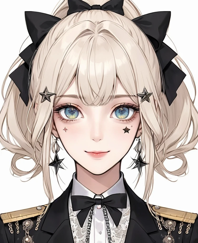 (Digital Illustration,Detailed anime style girl portrait,Solitary,symmetry),(Big colorful eyes,Fashionable and exquisite facial features,Exquisite makeup,Sweet smile,Star symbol mark on cheek,Soulful gaze,),(High Ponytail,Beautiful bow hair accessories,Hairpin),(White high collar lace shirt,Black suit,Epaulettes-Chain,cool,),Clean and simple white background,(((Correct human anatomy)))