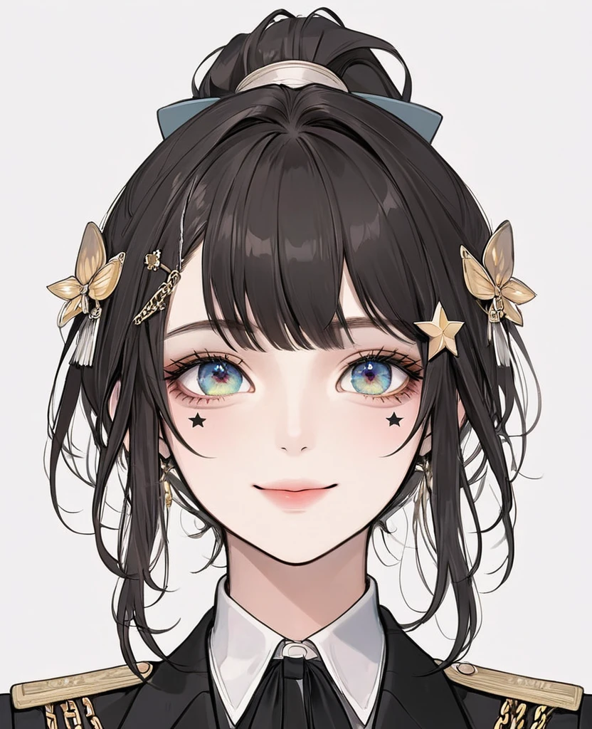 (Digital Illustration,Detailed anime style girl portrait,Solitary,symmetry),(Big colorful eyes,Fashionable and exquisite facial features,Exquisite makeup,Sweet smile,Star symbol mark on cheek,Soulful gaze,),(High Ponytail,Beautiful bow hair accessories,Hairpin),(White high collar lace shirt,Black suit,Epaulettes-Chain,cool,),Clean and simple white background,(((Correct human anatomy)))
