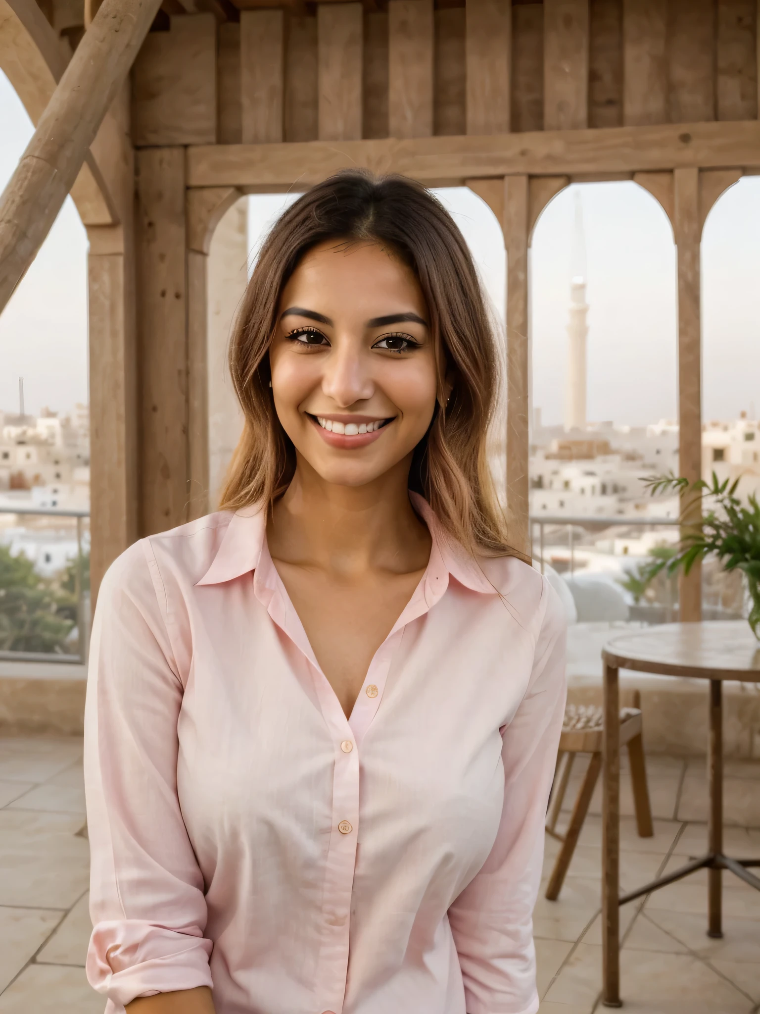 28YO, one women, cute smile, white teethes, Arab, from Jordan, long pink shirt, light brown eyes