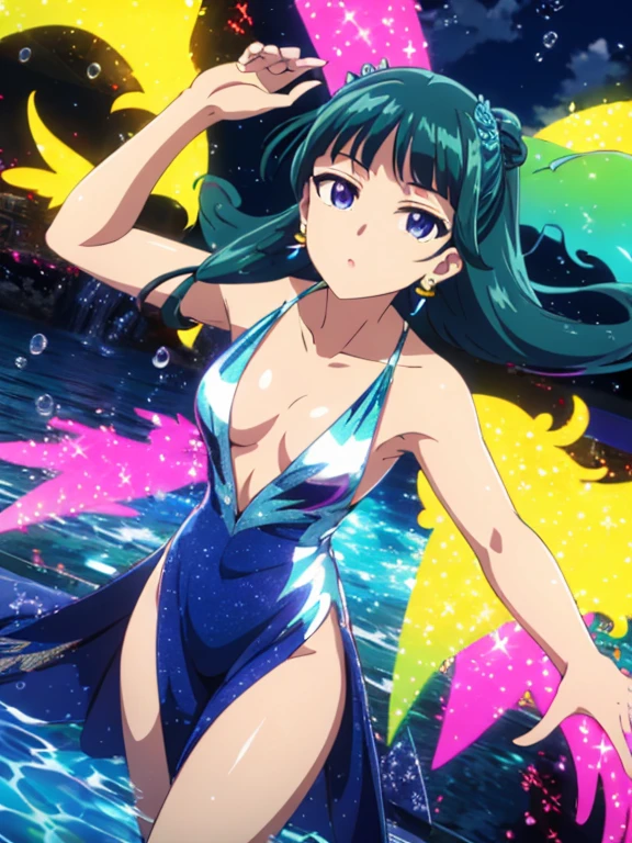 Top quality (8k, high resolution, masterpiece: 1.2), super detailed, anime art style, high angle, teen style, (,cloud,sky,water,water splashes,rainbow,(tight dress:0.5),), detailed green hair, detailed blue eyes, intricate hairstyle, long hair , slim body, sparkling eyes, youthful, hair accessories, earrings,,fantastic coloured glaze, , holographic,holographic clothing,bright colors, looking at the viewer, in the center of the image, cowboy shot,