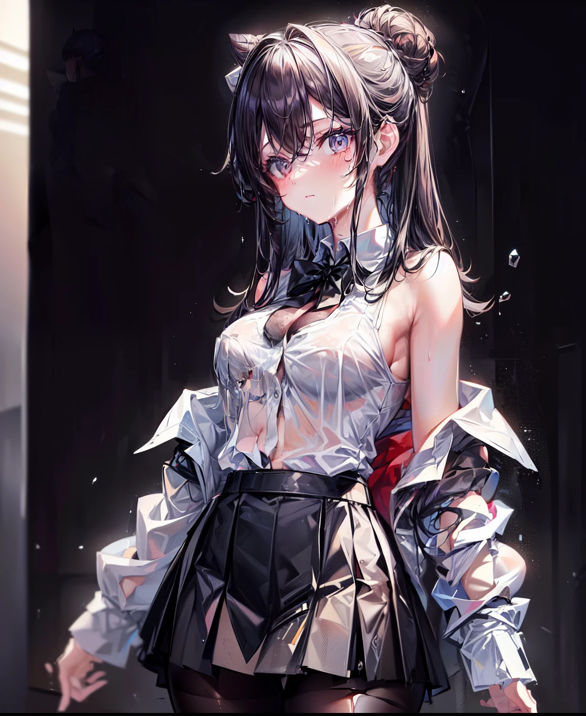 (masterpiece, best quality:1.2), 1 girl, alone , sexy , (black_H-line skirt:1.2),black skirt, (white_oxford_shirts:1.2),(office look female) ,cowboy shot, black hair ,hair bun, (office_background:1.3) , (pantyhose:1.2) , Black Bra, (A black bra is reflected behind her shirts:1.2) , bare shoulders ,(clothes are wet:1.3)