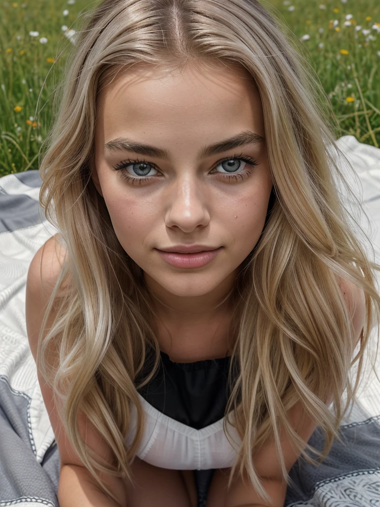 Blonde girl, looking like Margott robbie alike, long blonde hair, Big lips, small cute nose, Big eyes, fake eyelashes In Black, she is sitting on The blanket on the ground, kneeling on blanket on the ground, she is in a beautiful field,.m cloudy weather, beautiful girl, gray eyes, light gray eyes, further frame, long legs, 17 year old teenager, her face looks like margot robbie alike, she is provocative, tight transparent white straps dress, realistic looking photo, huge breasts, sexy pose, hands In her hair, hands up, smiling softly, slavic girl, square face shape, small nose, realistic photo, detailed photo, small nose, narrow nose