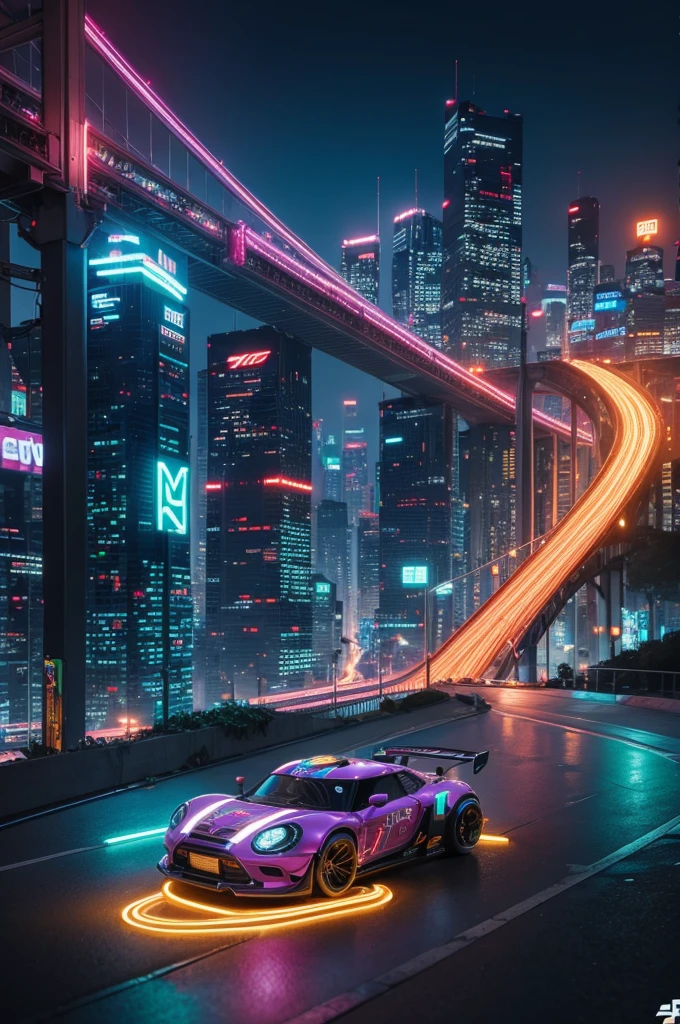 Miniatura de Hot Wheels em uma cidade cyberpunk com efeitos de luz neon