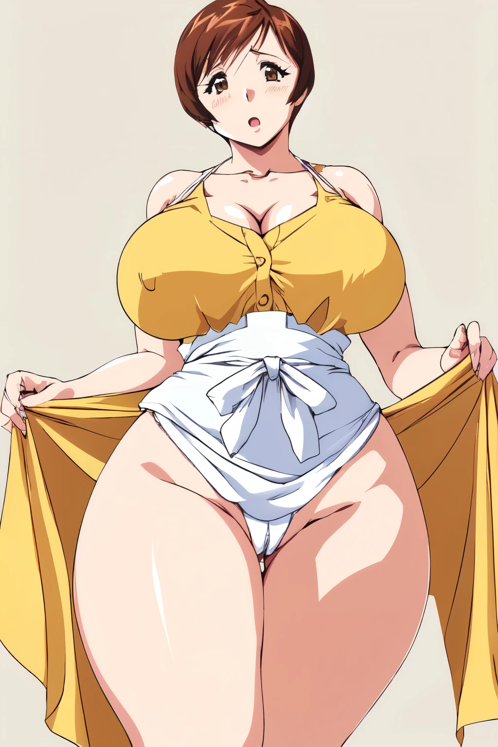 masterpiece, highest quality, High resolution, One girl, alone, sexual intercourse, Pornographic images, short hair, etsukoto, Brown eyes, fine grain, fine grain, (((Thick thighs, Plump thighs, Voluptuous thighs, Thighs alone are enough))), Huge and ample breasts, Cleavage, Huge long breasts, Naughty big,((Big breasts are important))、((Naughty thighs)), L Cup, (thin:1.4),(Tight waist:1.4), (Yellow Dress:1.4), ((white waist apron)), White panties, anguish, :o, blush, (((Simple Background))), ((Wide Hips)), Shiny, Oily skin, Mature mother, Calf, Seductive mature woman, Perfect body, Plus Size Model, curvy, ample, etsukoto, blush, clavicle, retro artstyle, 1990s (style), standing on one leg, open legs, bare legs, showing leg, from below, looking down, looking at viewer, nsfw,