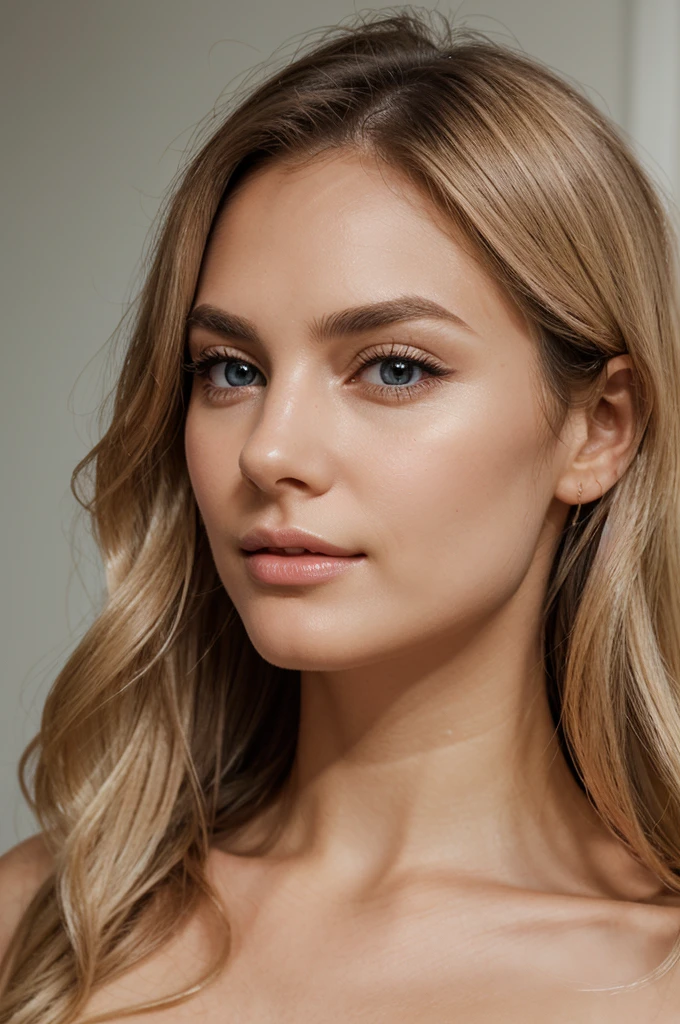 Create a hyper-realistic image of a woman's face. She has long, wavy blonde hair that cascades down her shoulders. Her skin is fair and flawless with a subtle, natural glow. She has striking, almond-shaped blue eyes with long, dark eyelashes and finely arched eyebrows. Her nose is straight and delicate, and she has high cheekbones that add definition to her face. Her lips are full and softly pink, slightly parted in a serene expression. The lighting should highlight the texture of her skin and the shine in her hair, creating a lifelike appearance. She wears minimal makeup, enhancing her natural beauty with a touch of mascara, a hint of blush, and a nude lip gloss. The background is blurred, ensuring all focus remains on her face, emphasizing every minute detail