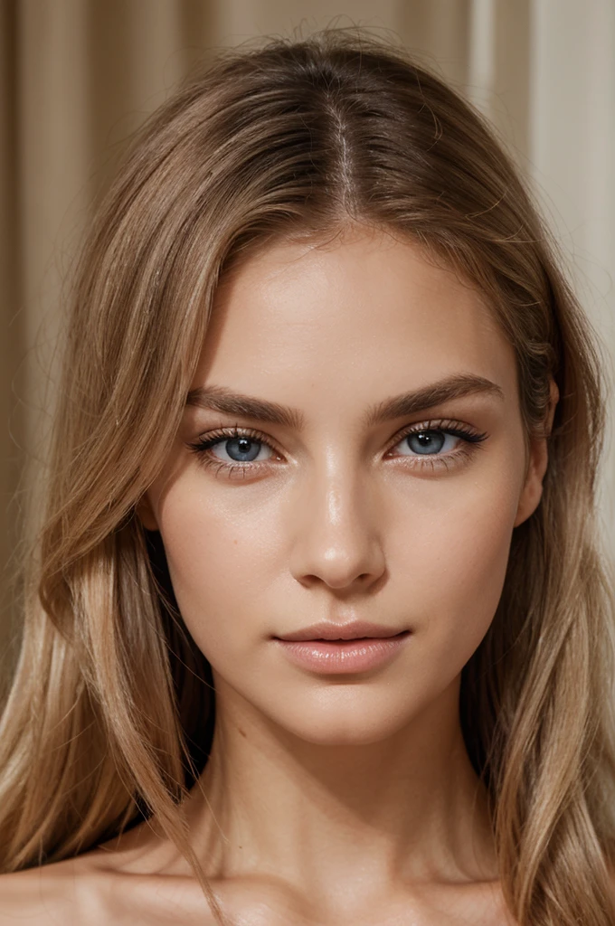 Create a hyper-realistic image of a woman's face. She has long, wavy blonde hair that cascades down her shoulders. Her skin is fair and flawless with a subtle, natural glow. She has striking, almond-shaped blue eyes with long, dark eyelashes and finely arched eyebrows. Her nose is straight and delicate, and she has high cheekbones that add definition to her face. Her lips are full and softly pink, slightly parted in a serene expression. The lighting should highlight the texture of her skin and the shine in her hair, creating a lifelike appearance. She wears minimal makeup, enhancing her natural beauty with a touch of mascara, a hint of blush, and a nude lip gloss. The background is blurred, ensuring all focus remains on her face, emphasizing every minute detail