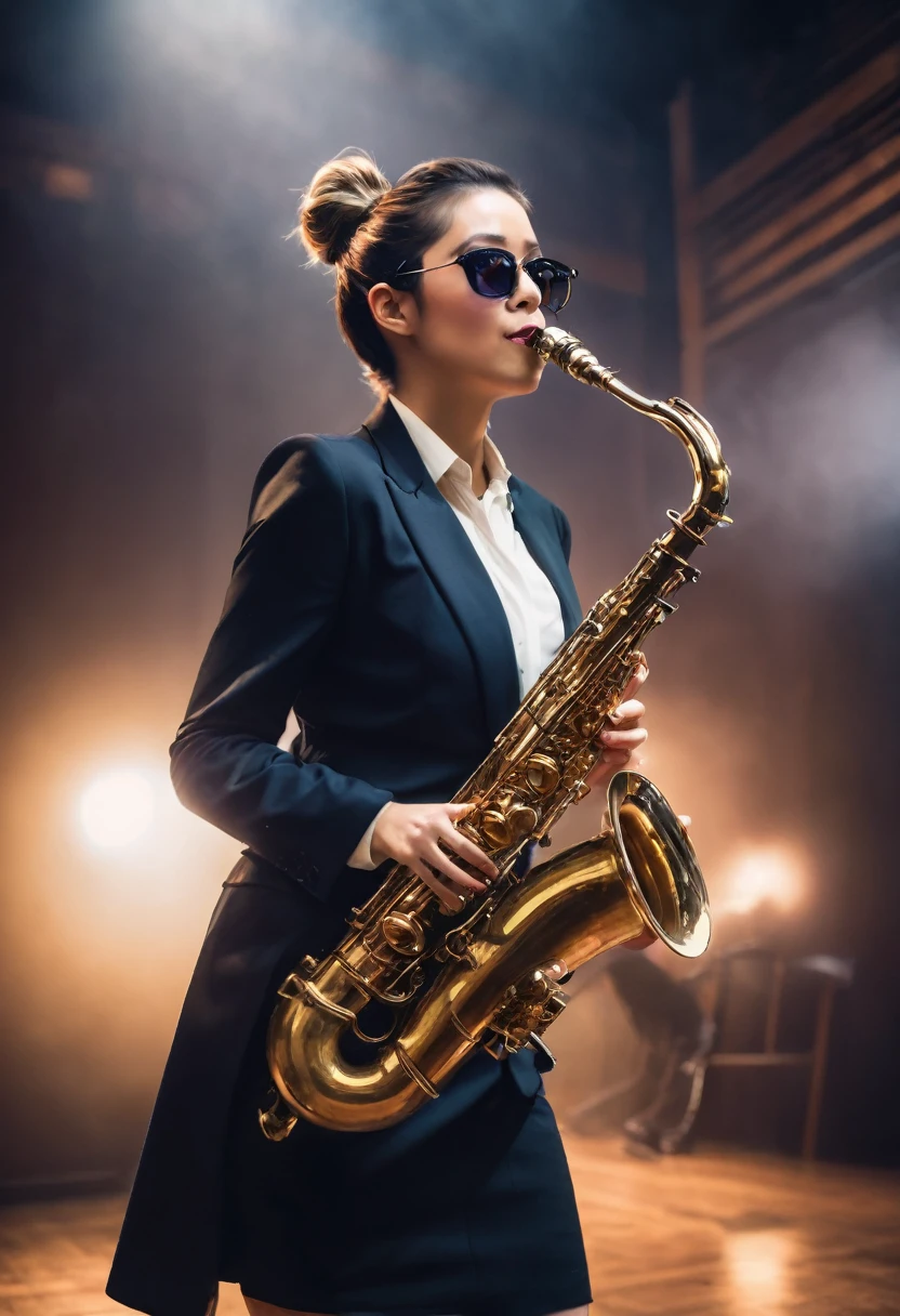 sharp focus, best quality, masterpiece, high contrast, shallow depth of field, 1 woman, short hair bun, sunglasses, suit jacket, pleated skirt, necktie, saxophone, playing a saxophone, wooden stage background, foggy, volumetric lighting, best quality, masterpiece, trumpet, playing trumpet