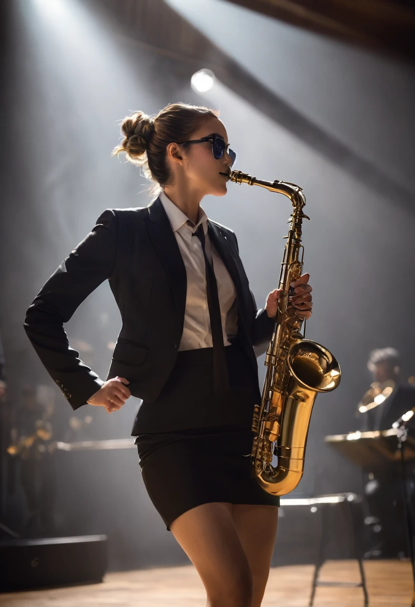 sharp focus, best quality, masterpiece, high contrast, shallow depth of field, 1 woman, short hair bun, sunglasses, suit jacket, pleated skirt, necktie, saxophone, playing a saxophone, wooden stage background, foggy, volumetric lighting, best quality, masterpiece, trumpet, playing trumpet
