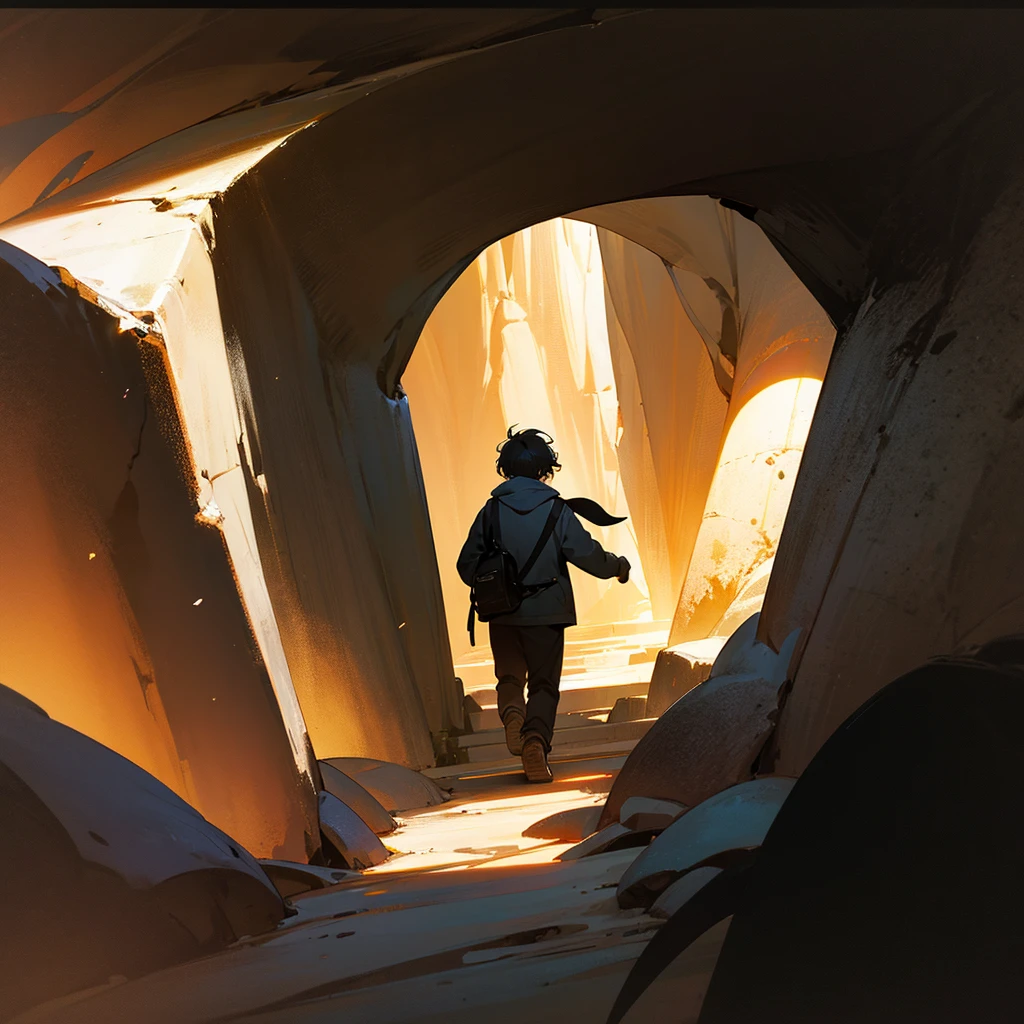 Un chico caminando hacia una cueva oscura 