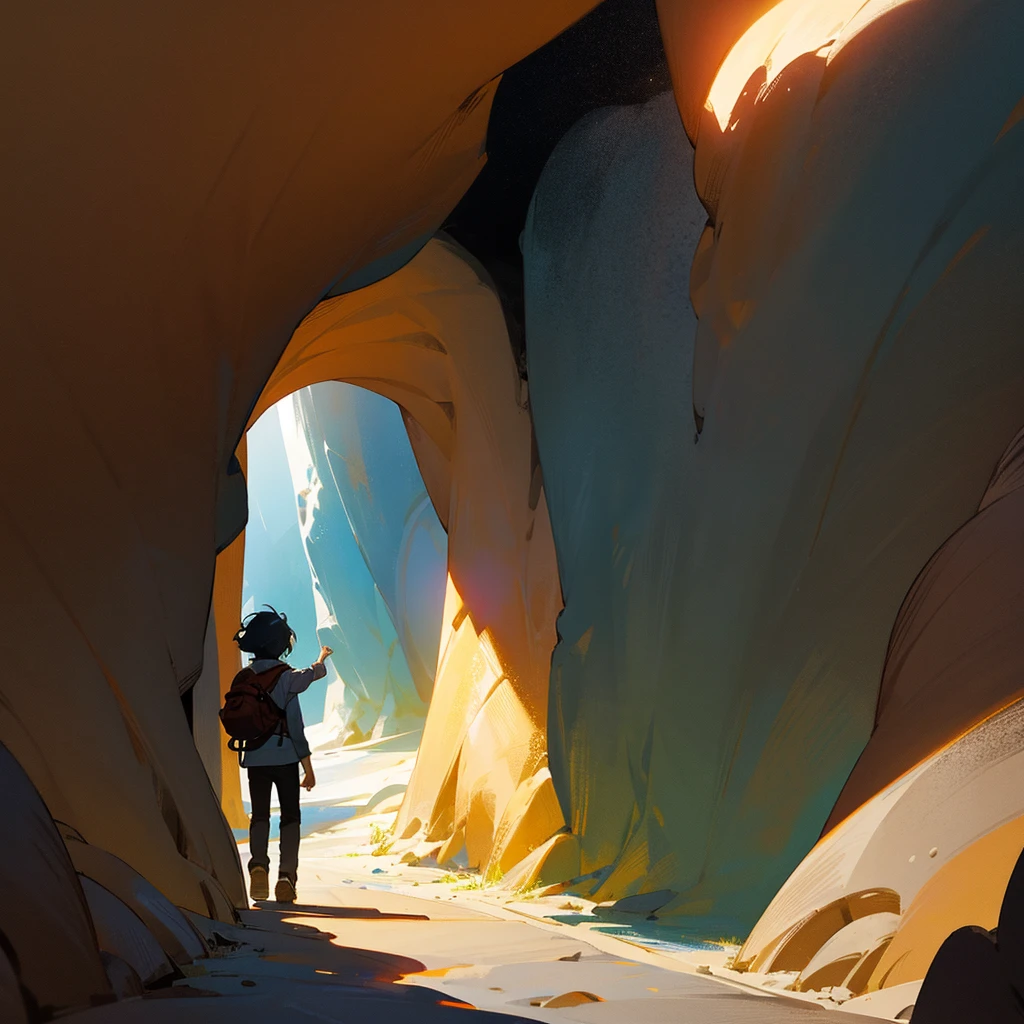 Un chico caminando hacia una cueva oscura