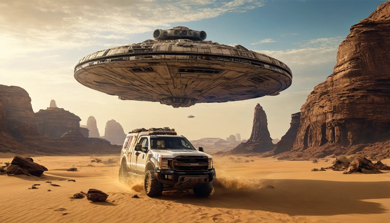 “In a desert landscape beneath a vast sky, towering rock formations rise. The iconic Star Wars Millennium Falcon flies overhead. In the foreground, a large, futuristic bus-like vehicle is parked on the sandy terrain. Saturn-like rings adorn the sky, adding a surreal touch. Include the ‘Star Wars,Camera angle: The camera is positioned at a slightly upward angle, capturing the grandeur of the rock formations and the vastness of the sky. Lighting: The sun is setting, creating warm, golden light that bathes the landscape. Shadows cast by the rocks are elongated. Millennium Falcon details: The Millennium Falcon is flying toward the horizon, with its rear thrusters emitting a characteristic blue glow. Details like laser cannons and the ship’s panels should be visible. Futuristic vehicle: The vehicle parked in the foreground has large windows and an aerodynamic design. It may have retractable wheels or float slightly above the ground. Saturn-like rings: The translucent rings resembling those of Saturn extend across the sky, creating a magical effect. Sand texture: The desert sand has a granulated texture, with small dunes formed by the wind.hyper realistic composition,32k resolution,cinematic composition,cinematic color grading.photography whit Phaseone 35mm,death of field lens.