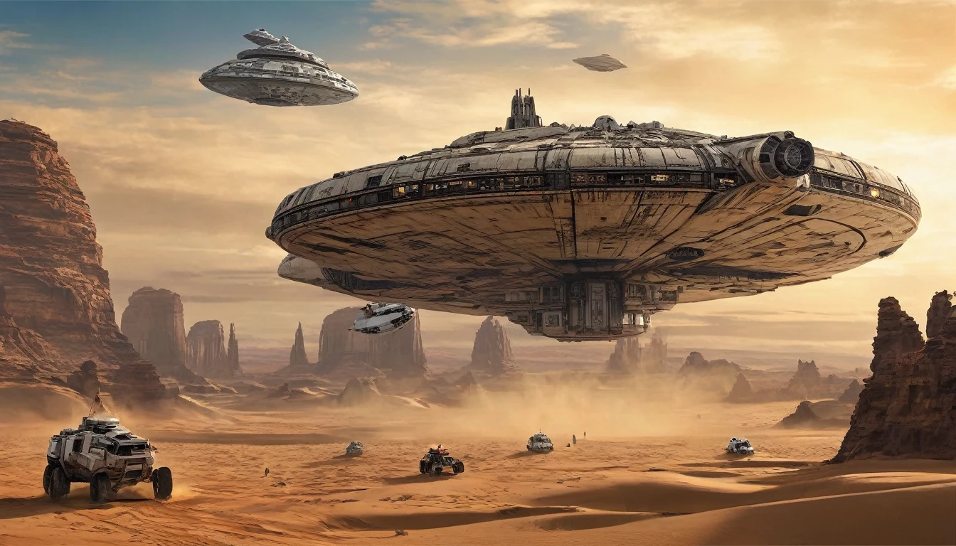 “In a desert landscape beneath a vast sky, towering rock formations rise. The iconic Star Wars Millennium Falcon flies overhead. In the foreground, a large, futuristic bus-like vehicle is parked on the sandy terrain. Saturn-like rings adorn the sky, adding a surreal touch. Include the ‘Star Wars,Camera angle: The camera is positioned at a slightly upward angle, capturing the grandeur of the rock formations and the vastness of the sky. Lighting: The sun is setting, creating warm, golden light that bathes the landscape. Shadows cast by the rocks are elongated. Millennium Falcon details: The Millennium Falcon is flying toward the horizon, with its rear thrusters emitting a characteristic blue glow. Details like laser cannons and the ship’s panels should be visible. Futuristic vehicle: The vehicle parked in the foreground has large windows and an aerodynamic design. It may have retractable wheels or float slightly above the ground. Saturn-like rings: The translucent rings resembling those of Saturn extend across the sky, creating a magical effect. Sand texture: The desert sand has a granulated texture, with small dunes formed by the wind.hyper realistic composition,32k resolution,cinematic composition,cinematic color grading.photography whit Phaseone 35mm,death of field lens.