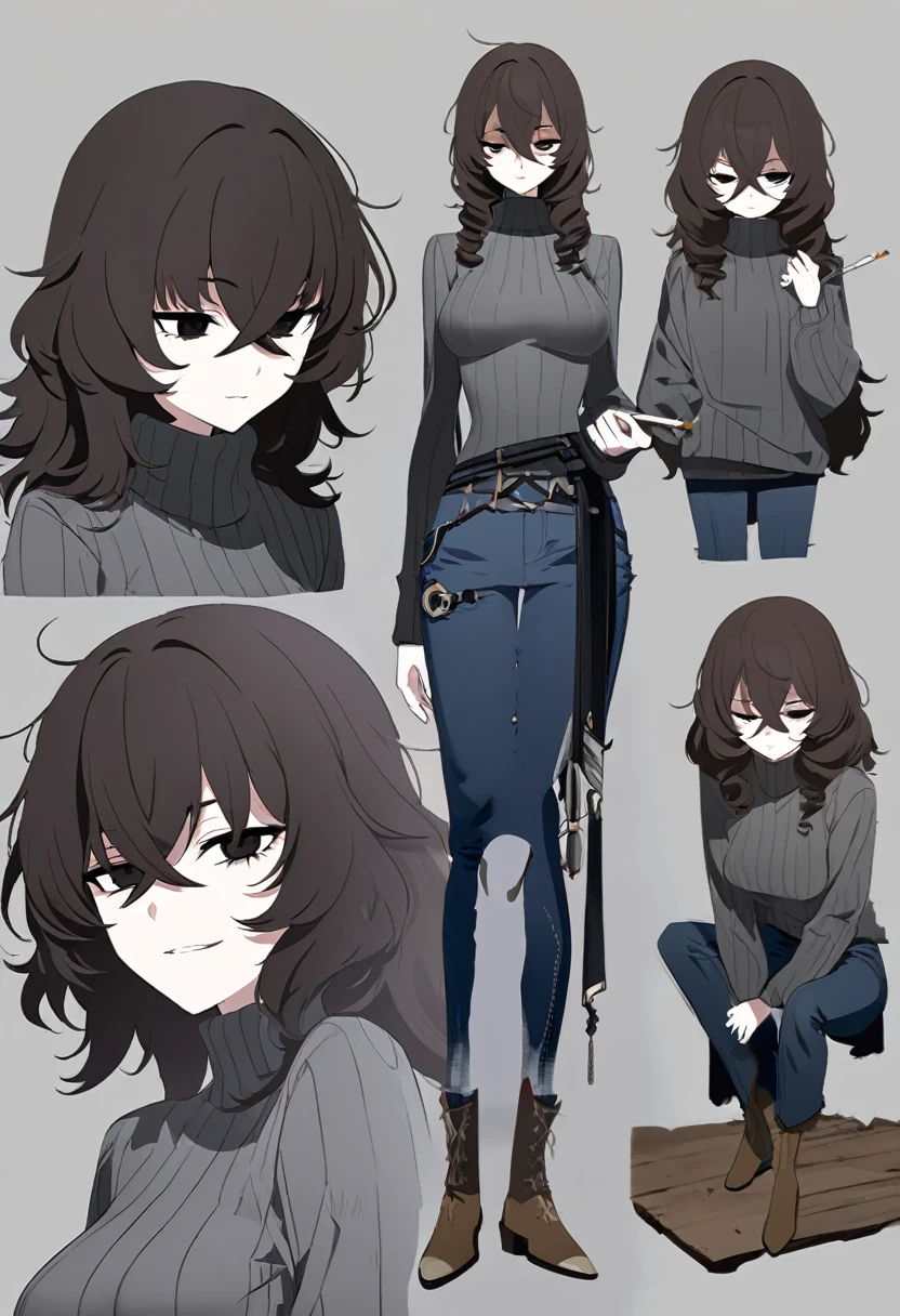 One Woman,Downer,older sister,Concept Art,Dark brown hair,Straight hair with slight inward curls,Staring eyes,Eye Ridge,black eye,Crossed bangs,whole body,smile,Slightly larger breasts,Gray background,Bangs that reach down to the eyes,Messy hair,Tight dark jeans,Gray turtleneck sweater,Multiple views of the same character,Character Design,Dark circles under the eyes,Bad look,Listless,Sloppy,Silver Jewelry,Cafe staff,Holding a cigarette,whole bodyCharacter Design,Detailed hands,Height: 170cm,boots,fleshy,