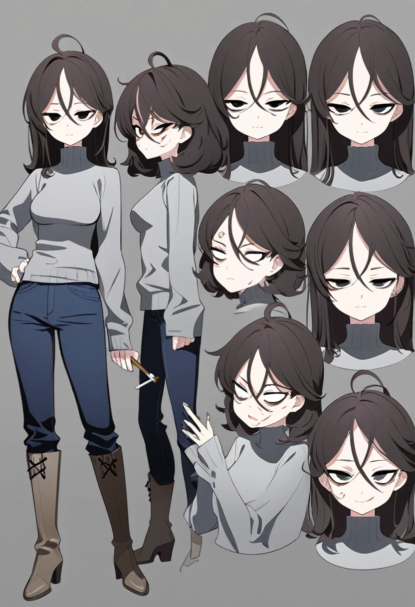 One Woman,Downer,older sister,Concept Art,Dark brown hair,Straight hair with slight inward curls,Staring eyes,Eye Ridge,black eye,Crossed bangs,whole body,smile,Slightly larger breasts,Gray background,Bangs that reach down to the eyes,Messy hair,Tight dark jeans,Gray turtleneck sweater,Multiple views of the same character,Character Design,Dark circles under the eyes,Bad look,Listless,Sloppy,Silver Jewelry,Cafe staff,Holding a cigarette,whole bodyCharacter Design,Detailed hands,Height: 170cm,boots,fleshy,