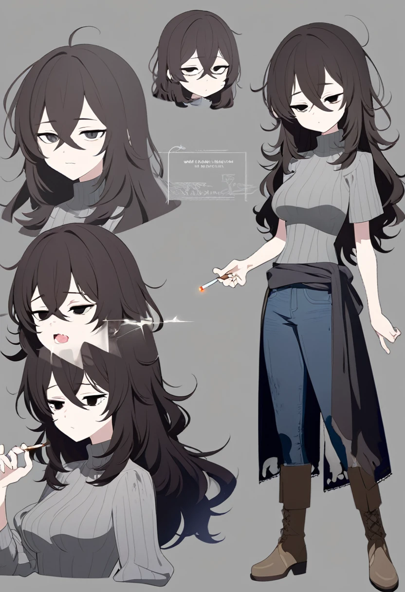 One Woman,Downer,older sister,Concept Art,Dark brown hair,Straight hair with slight inward curls,Staring eyes,Eye Ridge,black eye,Crossed bangs,whole body,smile,Slightly larger breasts,Gray background,Bangs that reach down to the eyes,Messy hair,Tight dark jeans,Gray turtleneck sweater,Multiple views of the same character,Character Design,Dark circles under the eyes,Bad look,Listless,Sloppy,Silver Jewelry,Cafe staff,Holding a cigarette,whole bodyCharacter Design,Detailed hands,Height: 170cm,boots,fleshy,