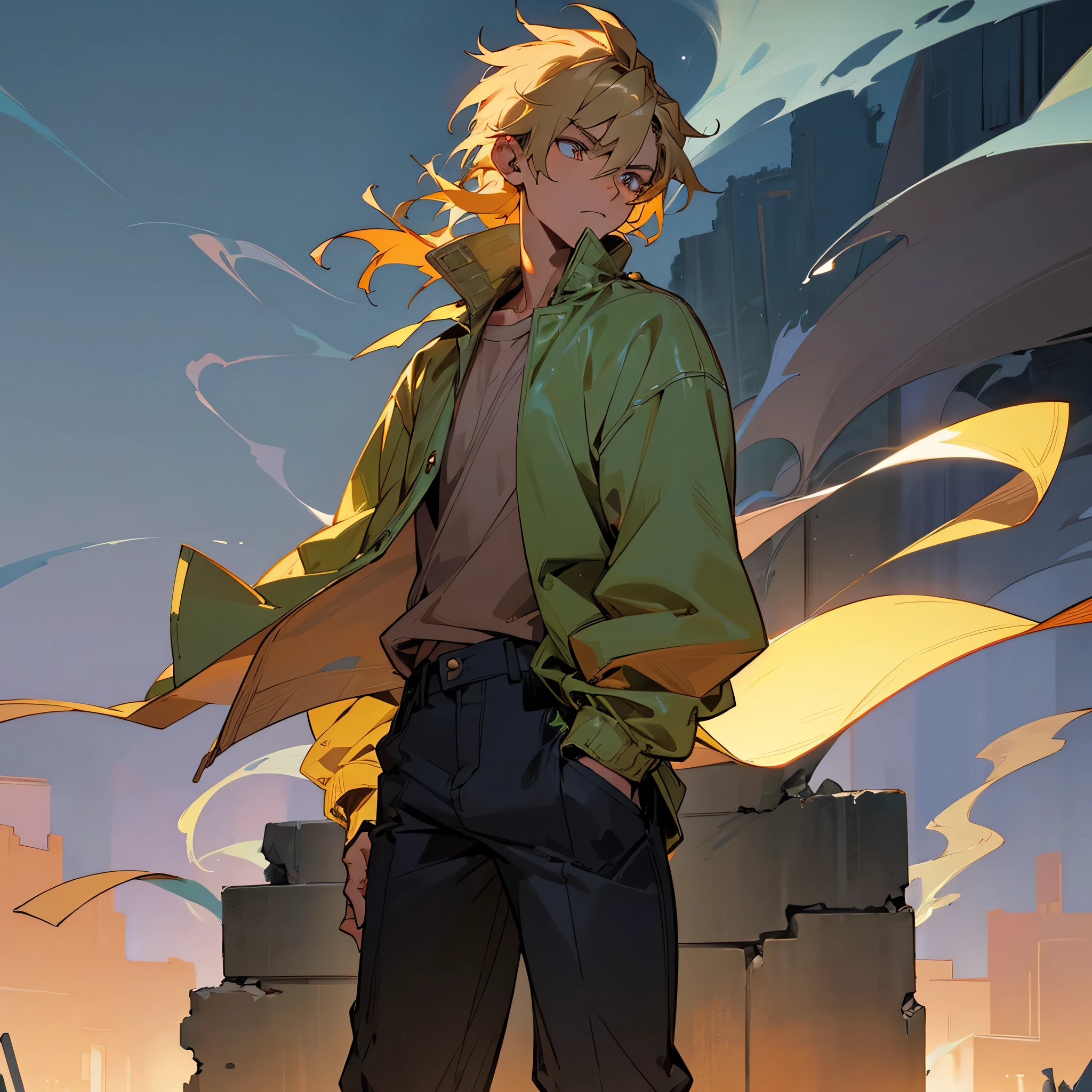 1male, adult, tan skin, finely detailed emerald eyes, straight medium hair, cobolt hair color, casual clothing, jacket, smoking, standing on ruined building, night time, serious expression