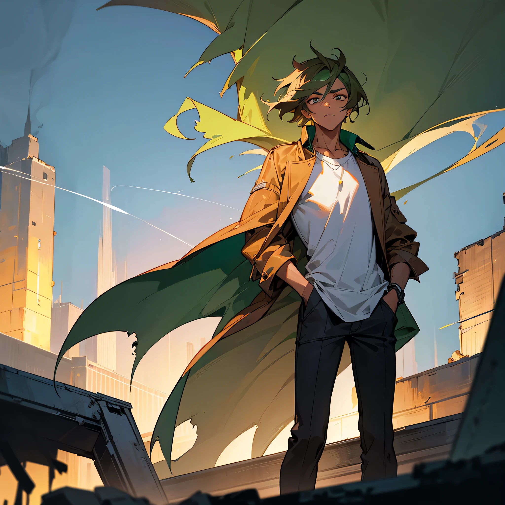 1male, adult, tan skin, finely detailed emerald eyes, straight medium hair, cobolt hair color, casual clothing, jacket, smoking, standing on ruined building, night time, serious expression