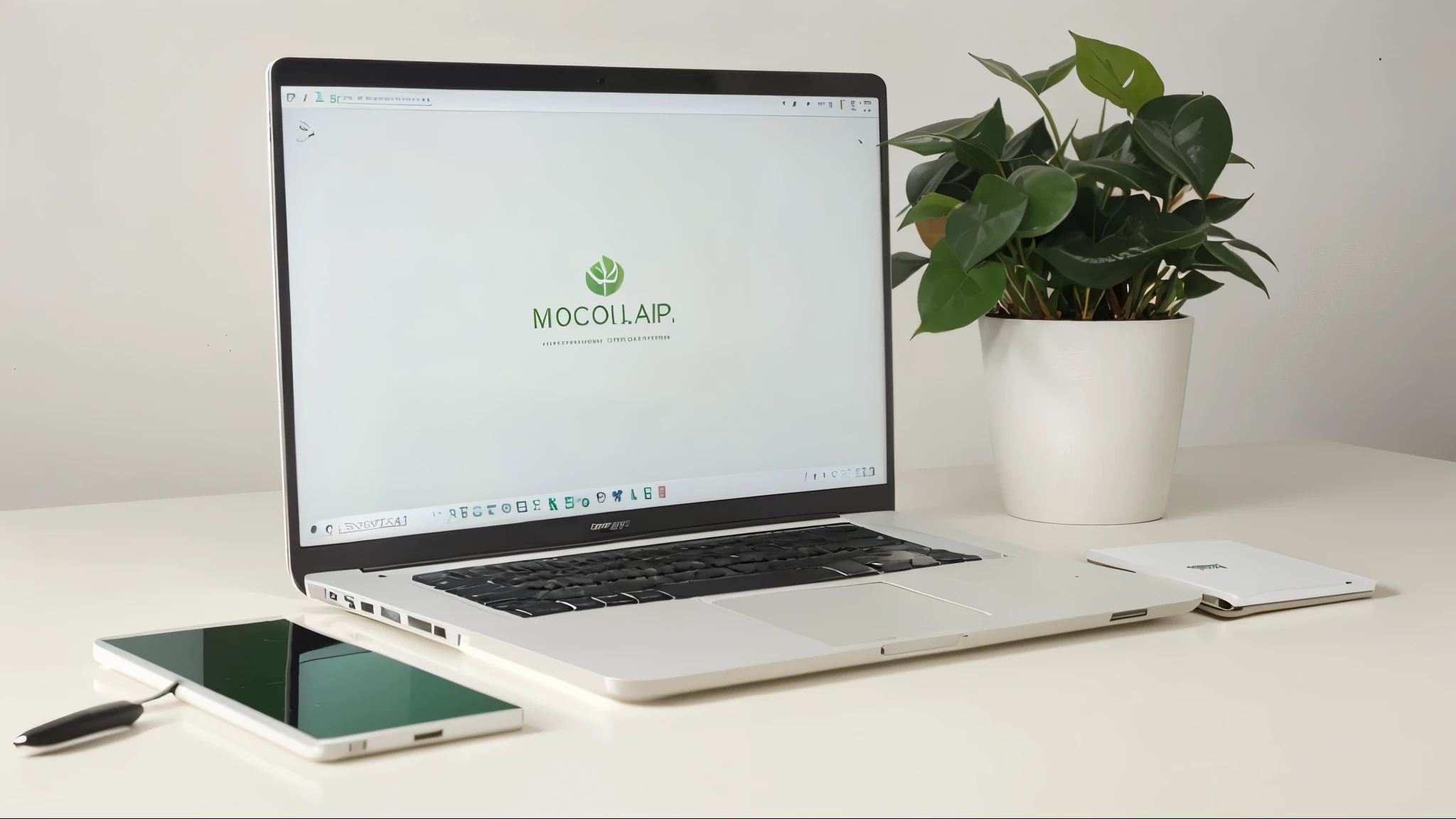 Laptop mockup with green leaves on white background
