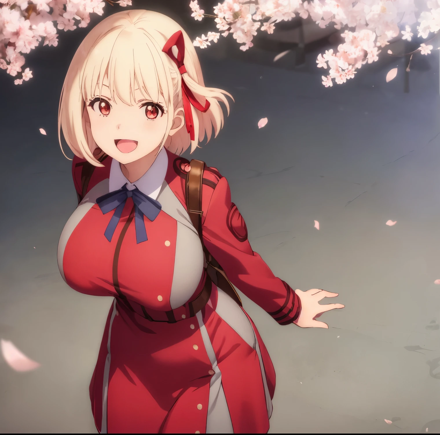 1girl,alone,chisato nishikigi,masterpiece,best quality,high resolution,looking at viewer,detailed,detailed eyes,short hair,dull blonde hair,headband,large breasts,medium waist,wide hips,wide thighs,body curvy, dynamic pose, neckband, collared shirt, lycoris uniform, two-tone dress, red dress, gray dress, long sleeves, red belt, smile, open mouth, position, arms behind the back, leaning forward , front view, focus on breasts, pov (from above), standing outdoors, cherry blossoms,