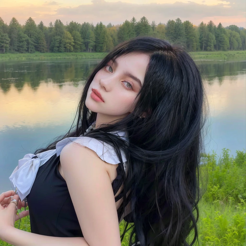 arafed woman with long black hair posing in front of a lake, anna nikonova aka newmilky, russian girlfriend, anastasia ovchinnikova, yelena belova, with long hair and piercing eyes, ekaterina, julia gorokhova, with long hair, dasha taran, alina ivanchenko, with long dark hair