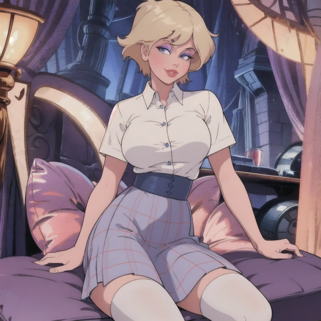 holwod, 1girl, solo, looking at viewer, short hair, blue eyes, blonde hair, medium breasts, upper body,  makeup,  retro artstyle, 1980s (style) plaid plaid_skirt purple_eyes school_uniform shirt sitting skirt smile solo thighhighs white_shirt zettai_ryouiki