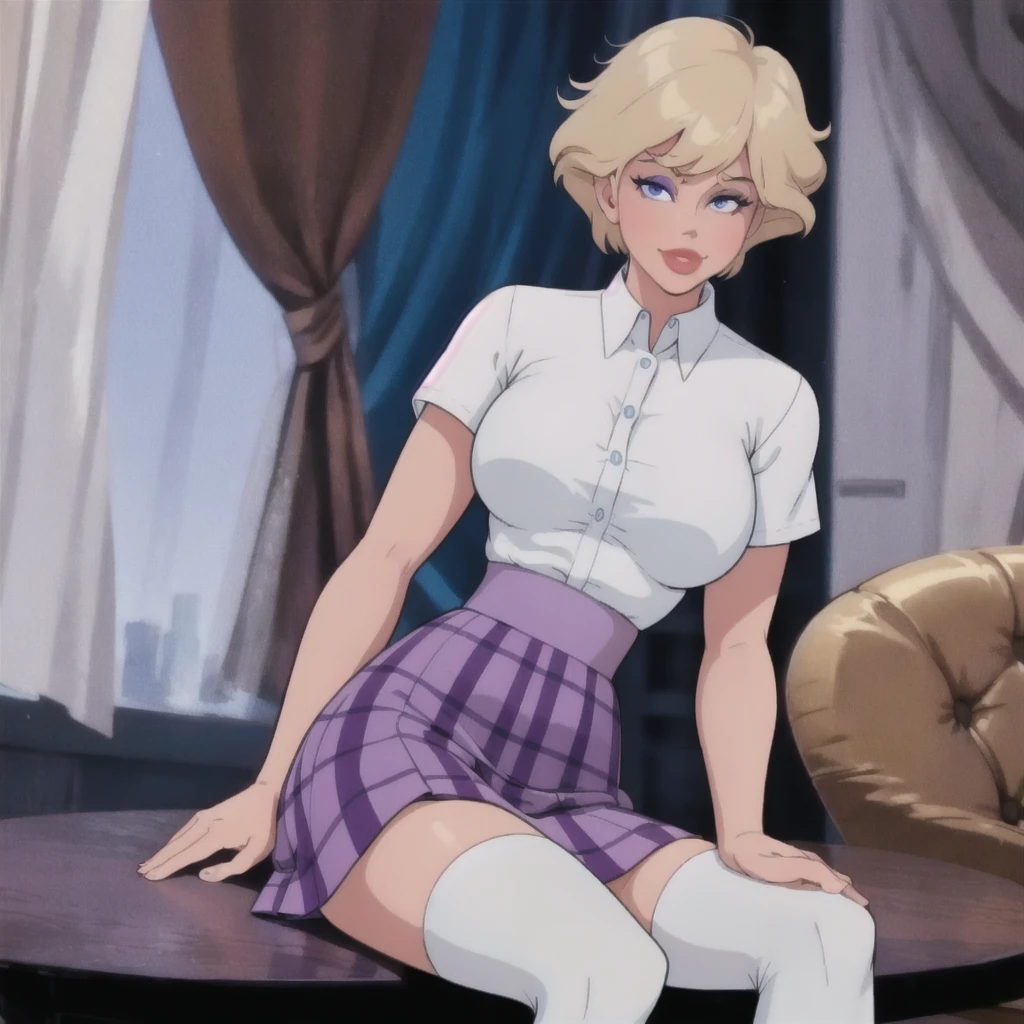 holwod, 1girl, solo, looking at viewer, short hair, blue eyes, blonde hair, medium breasts, upper body,  makeup,  retro artstyle, 1980s (style) plaid plaid_skirt purple_eyes school_uniform shirt sitting skirt smile solo thighhighs white_shirt zettai_ryouiki