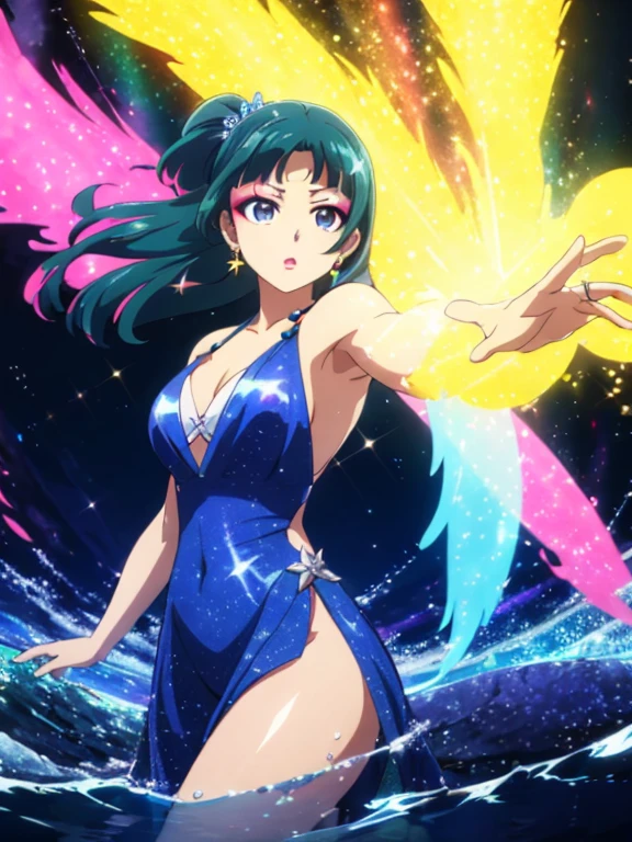 Top quality (8k, high resolution, masterpiece: 1.2), super detailed, anime art style, closeup, makeup, teen style, (,cloud,sky,water,water splashes,rainbow,(tight dress:0.5),), detailed green hair, detailed blue eyes, intricate hairstyle, long hair , slim body, sparkling eyes, youthful, hair accessories, earrings,,fantastic coloured glaze, , holographic,holographic clothing,bright colors, looking at the viewer, in the center of the image, cowboy shot,