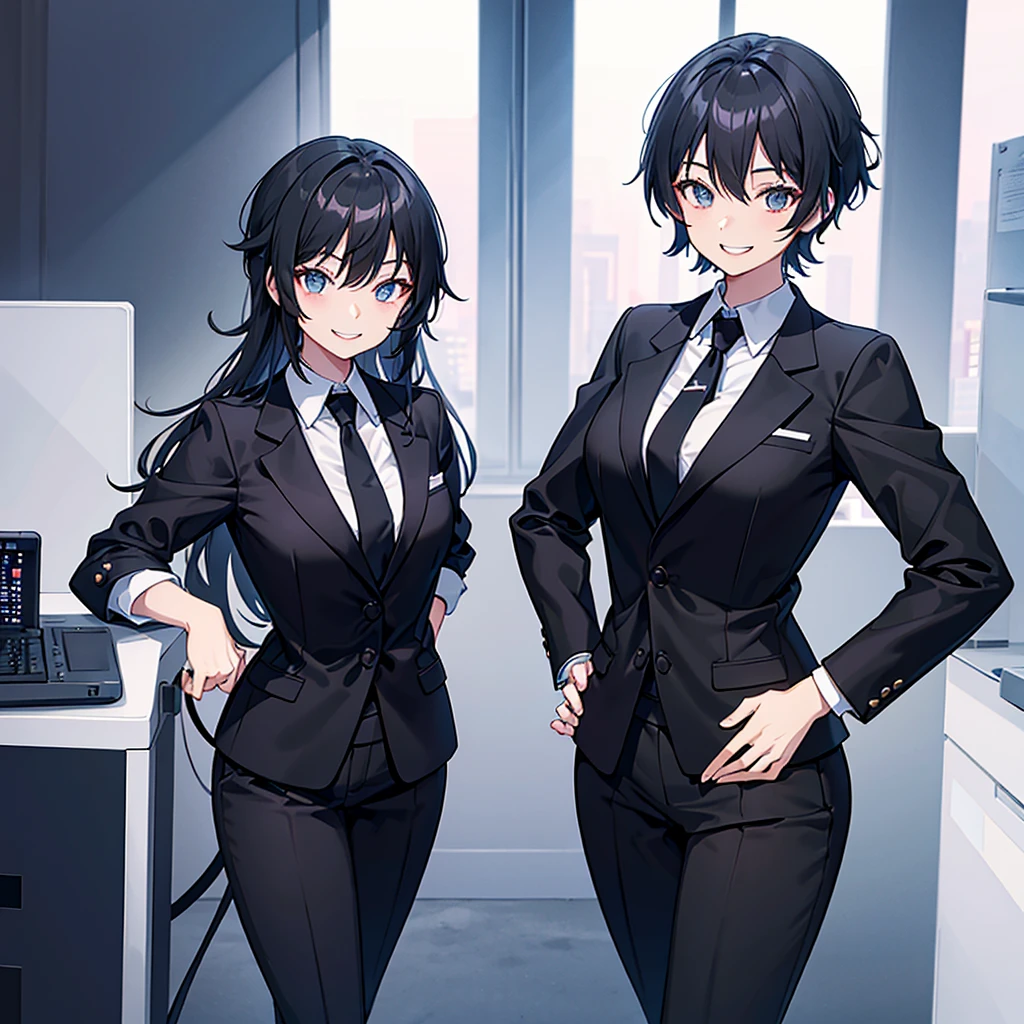 Office Lady、Black business suit、Side Tail、Wearing a fur-lined jumper、Shoulder Bare、Smiling with teeth showing、Naivety、Female about 19 years old