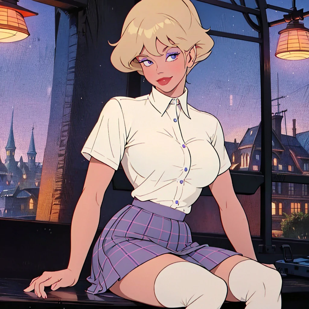 holwod, 1girl, solo, looking at viewer, short hair, blue eyes, blonde hair, medium breasts, upper body, makeup, retro artstyle, 1980s (style) plaid plaid_skirt purple_eyes school_uniform shirt sitting skirt smile solo thighhighs white_shirt zettai_ryouiki