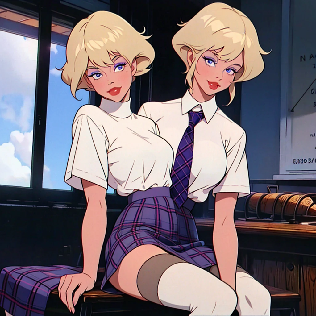 holwod, 1girl, solo, looking at viewer, short hair, blue eyes, blonde hair, medium breasts, upper body, makeup, retro artstyle, 1980s (style) plaid plaid_skirt purple_eyes school_uniform shirt sitting skirt smile solo thighhighs white_shirt zettai_ryouiki