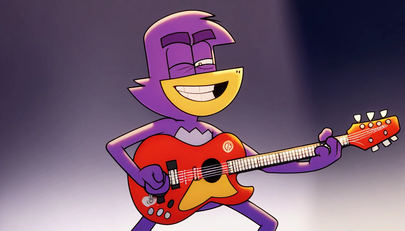 badmascot, solo, 1boy, holding, smile, smiling, playing on guitar, singing, pokemon (creature), happy, guitar, mascot, full-size, dark background score_9, score_8_up, score_7_up, score_6_up, score_5_up, score_4_up