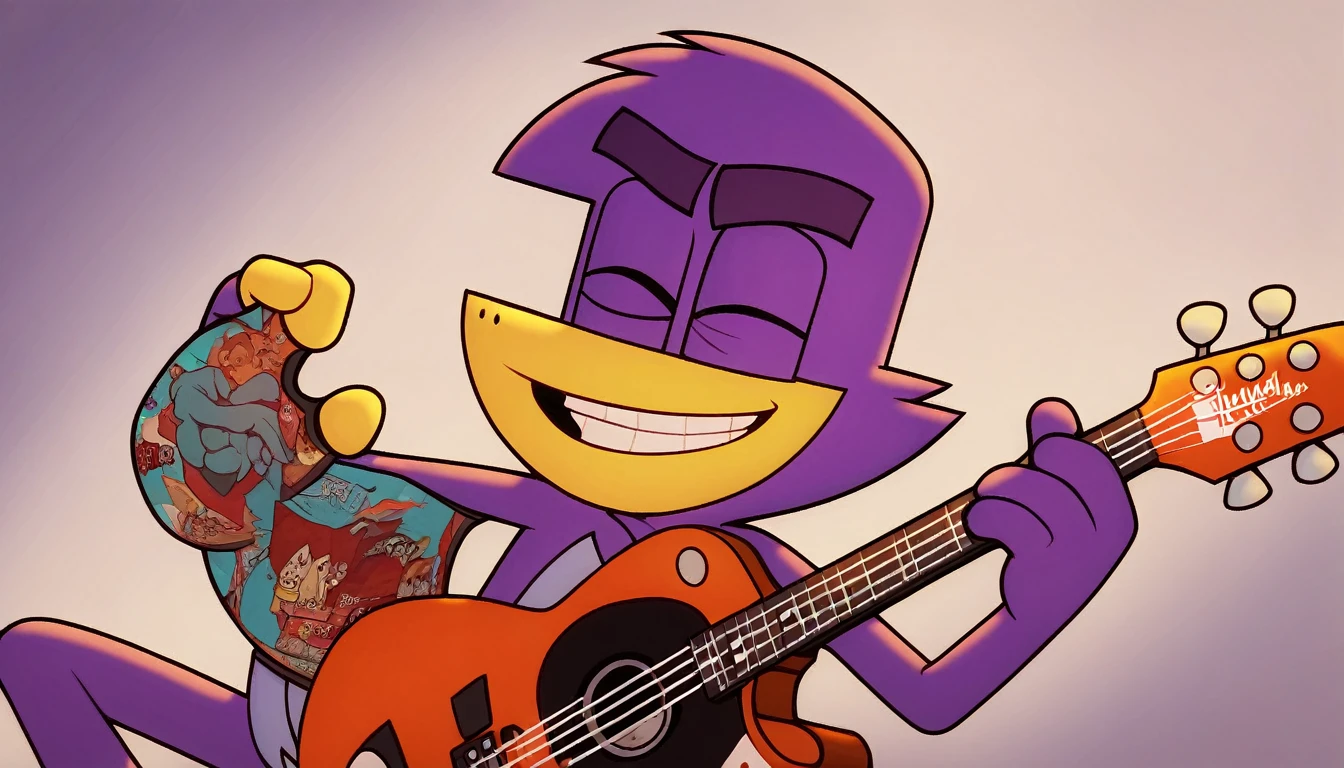 badmascot, solo, 1boy, holding, smile, smiling, playing on guitar, singing, pokemon (creature), happy, guitar, mascot, full-size, dark background score_9, score_8_up, score_7_up, score_6_up, score_5_up, score_4_up