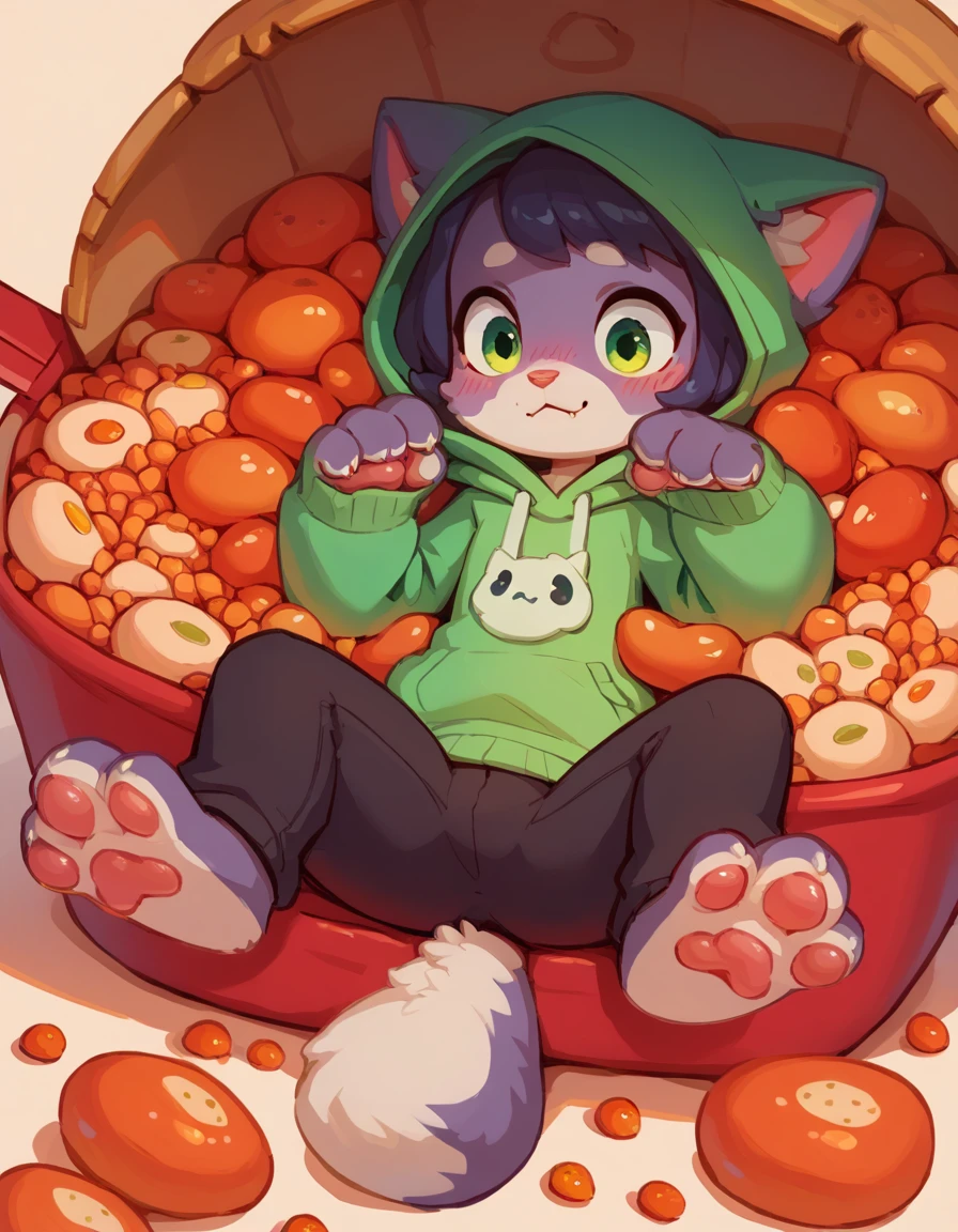 The Q version of the cute furry cat, spreading legs, showing paws, showing beans, blushed, beatiful feet, hoodie, paws, beans