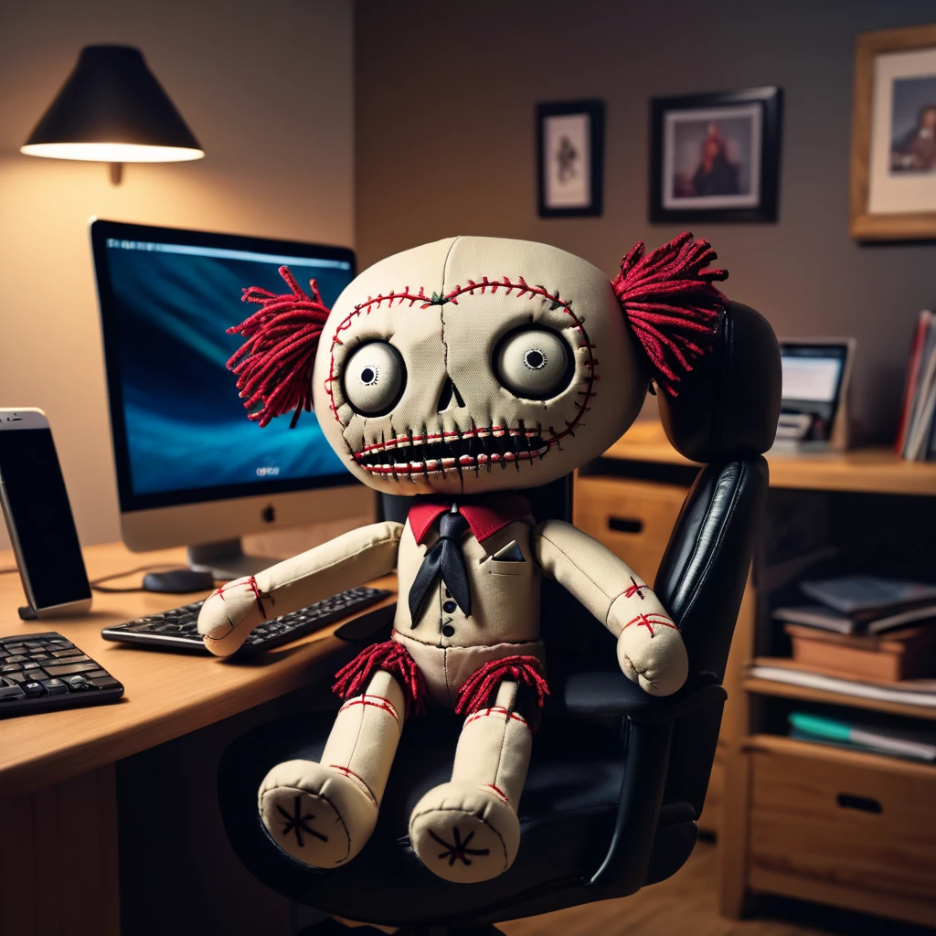 (knitted toy voodoo doll:1.0), sitting in a computer chair, (Voodoo talking on the phone:1.0), (iPhone phone:1.8), in business clothes, in the background a gloomy office, best quality, masterpiece, detailed soft oil painting, detailed background, dramatic cinematic lighting, soft edge lighting, professional, dramatic lighting, hard edge lighting, ultra quality, 4k, masterpiece, best quality, 8k, ultra high definition, high resolution, extremely detailed