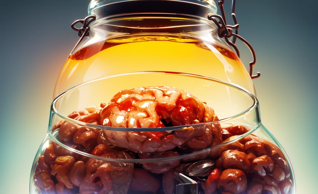 human brain stored in a glass jar, blood, 