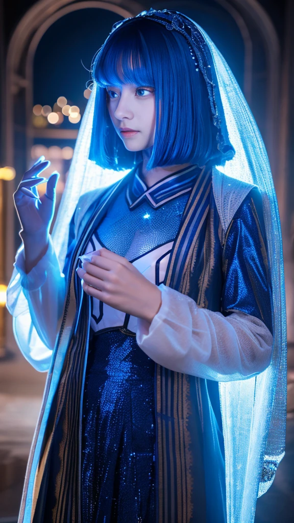 Full figure, seven -clinging shooting, 18 years old, wearing transparent science fiction clothes, exquisite faces, details, hands, ultimate details, amazing magnificence, LED internal lighting, Pedaipan style, fiber hair, glowing blue iris, glowing blue iris,