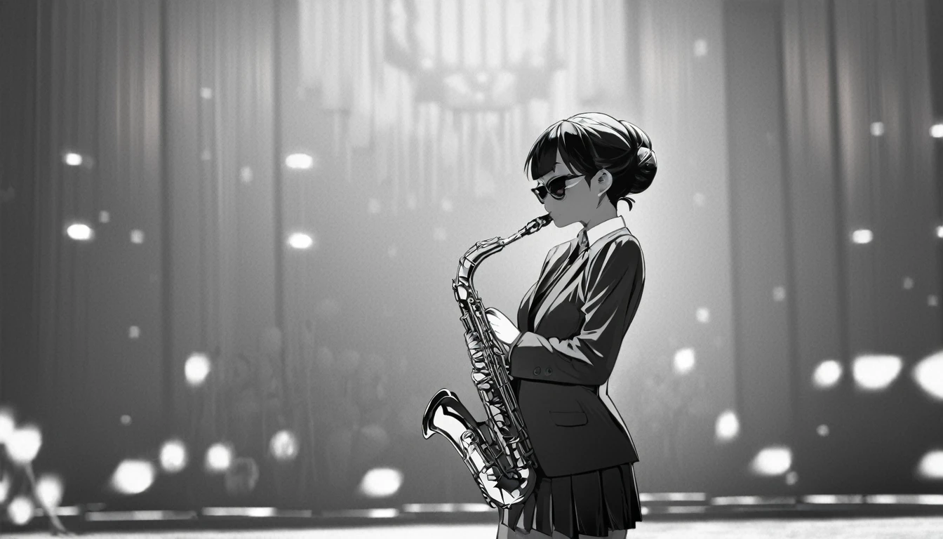 sharp focus, best quality, masterpiece, high contrast, shallow depth of field, 1 woman, short hair bun, sunglasses, suit jacket, pleated skirt, necktie, saxophone, playing a saxophone, wooden stage background, foggy, volumetric lighting, best quality, masterpiece,