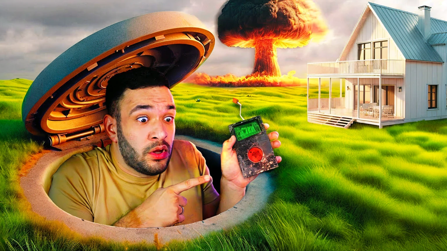 Man hiding in a bunker with detonator in his hand, cenario de grama verde com casa, Nuclear explosion