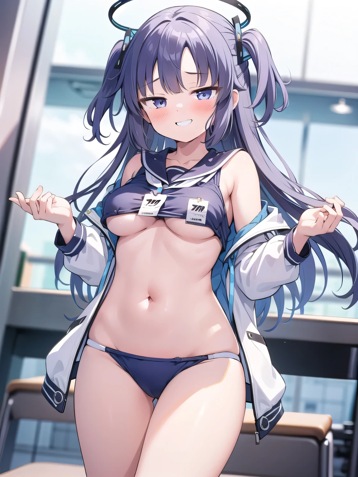 girl,hairless,belly button,high resolution,School Swimsuit,Underboob,Grinning face,plane