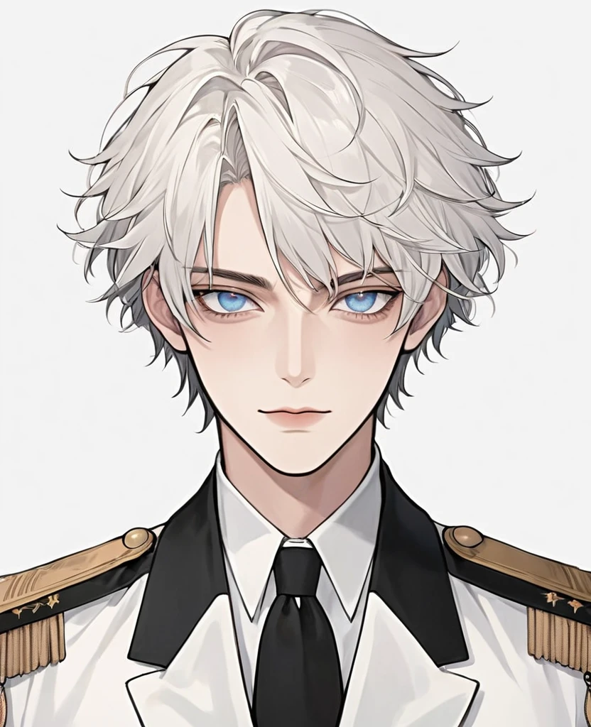 (Digital Illustration，Detailed anime style boy portrait，Solitary，symmetry)，(Colored eyes，Handsome face，Soulful gaze，)，(Short fluffy hair)，(Black suit，Epaulettes-Chain，cool，)，Clean and simple white background，(((Correct human anatomy)))