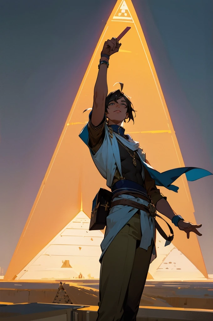 The 3/4 male character is taking a selfie with his right hand holding the pyramid in the background