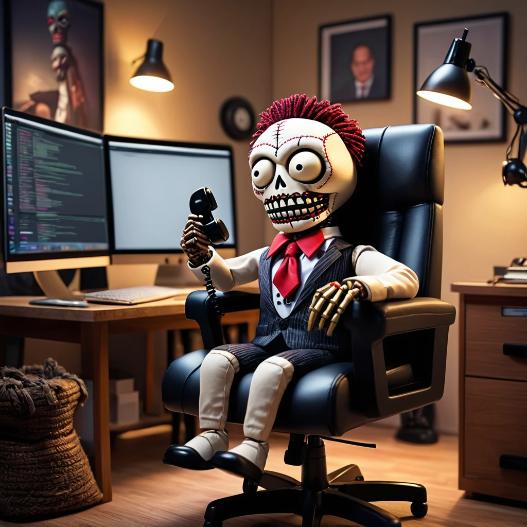 (knitted toy voodoo doll:1.0), sitting in a computer chair, (Voodoo talking on the phone:1.9), (iPhone phone:1.8), in business clothes, in the background a gloomy office,  best quality, masterpiece, detailed soft oil painting, detailed background, dramatic cinematic lighting, soft edge lighting, professional, dramatic lighting, hard edge lighting, ultra quality, 4k, masterpiece, best quality, 8k, ultra high definition, high resolution, extremely detailed